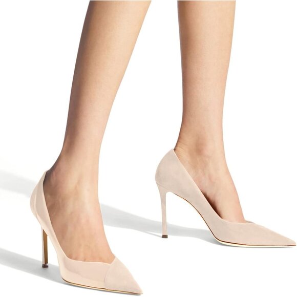 Women's Nude Pointed Toe Pumps Patent Suede Heel Stiletto Slip On High Heels - Picture 2 of 4